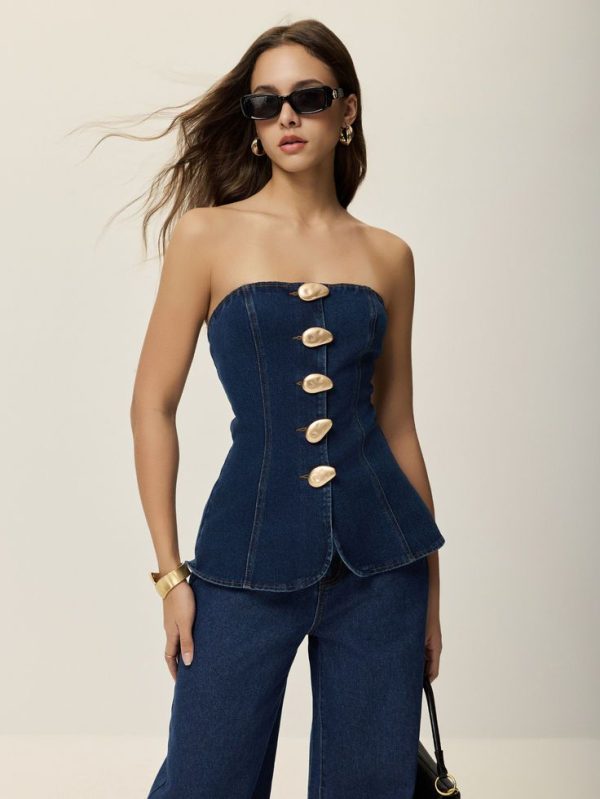 Poéselle Women's Metal Twist Outer Seam Washed Denim Tube Top