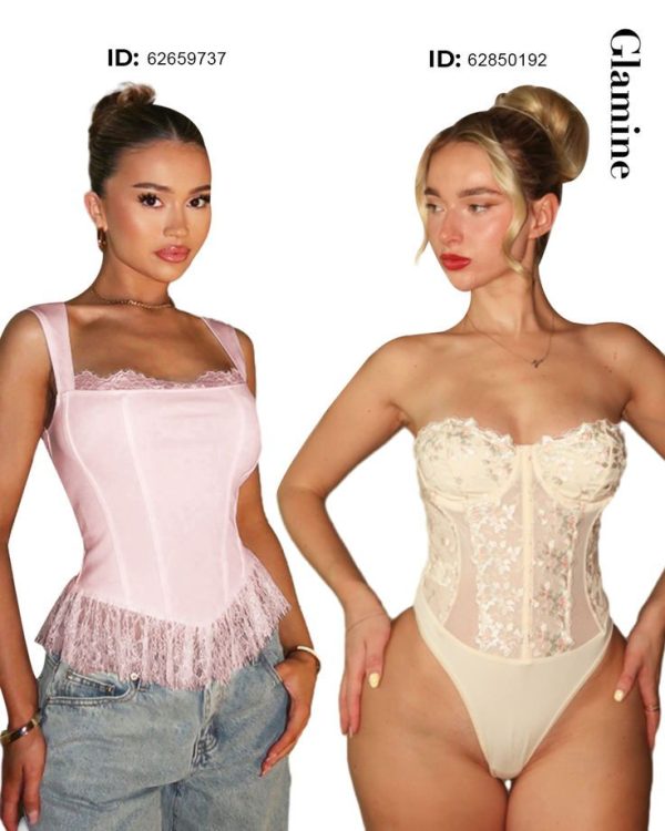 Glamine Sexy Embroidered Color Block Underwire Fishbone Wave Hem Bralette Bodysuit