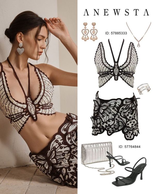 Anewsta Sequin & Beaded Butterfly Tie Up Backless Halter Tank Top