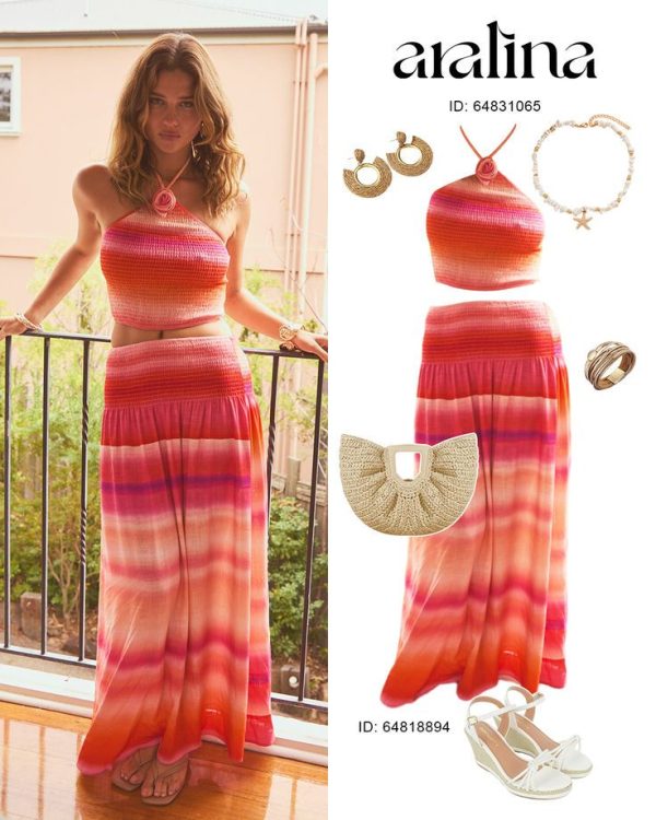Aralina Boho Stripe Smocked Waist Flowy Maxi Skirt Summer Vacation Beach Outfits