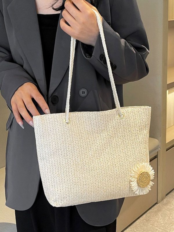 Versatile Solid Color Straw Tote Bag
