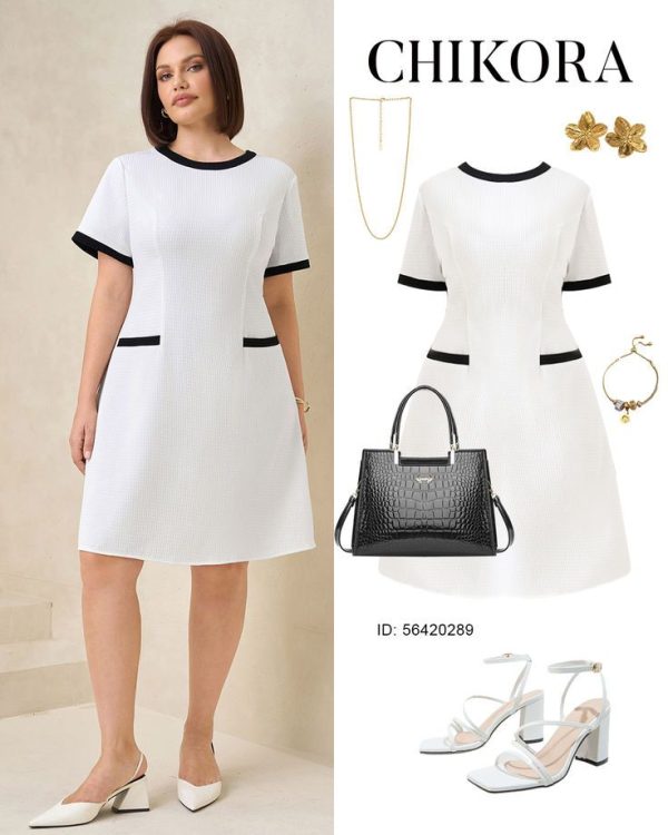 Chikora Plus Size Elegant Black And White Contrast Round Neck Short Sleeve Summer White Dress