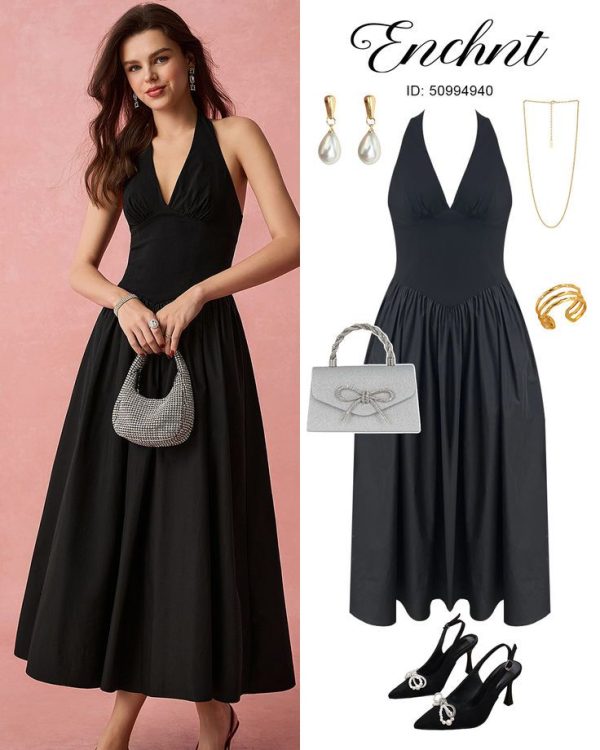 Enchnt Spring/Summer Romantic Women's Fashionable Black Halter Neck Sleeveless A-Line Long Dress