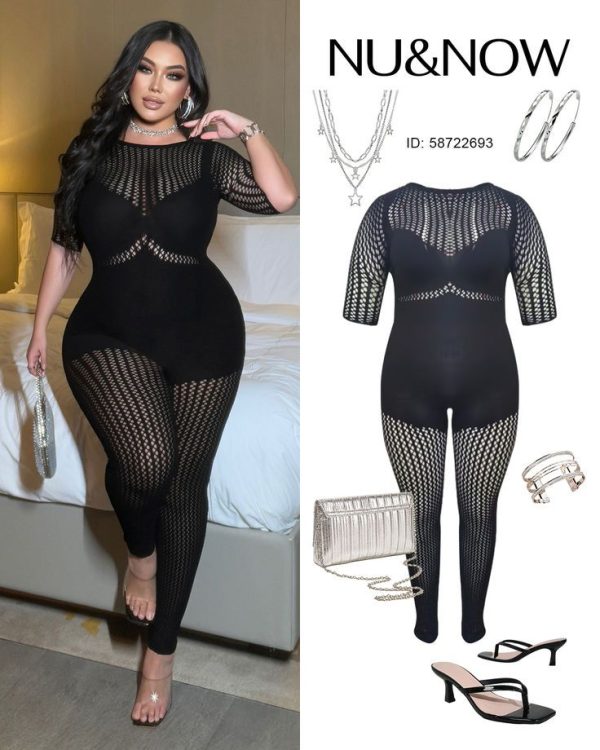 NU&NOW Plus Size Women Hollow Out Sexy Jumpsuit With Short Sleeves