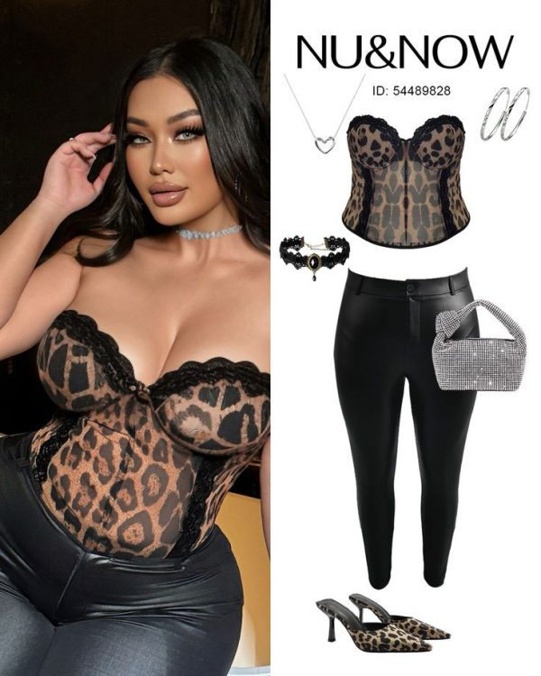 NU&NOW Sexy Sheer Daily Date Seamless Bra Cup Lace Trim Leopard Print Bodycon Crop Top