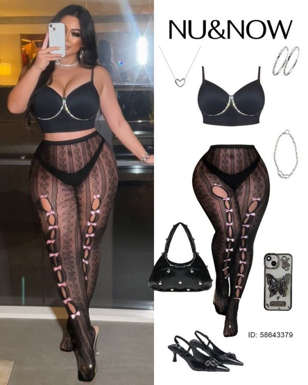 NU&NOW Plus Size Women's Sexy Bow Decor Hollow Out Sheer Leggings