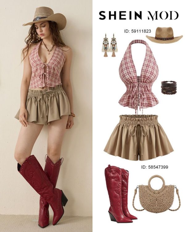 SHEIN MOD Neck-Tied Waist Cinched Plaid Crop Top
