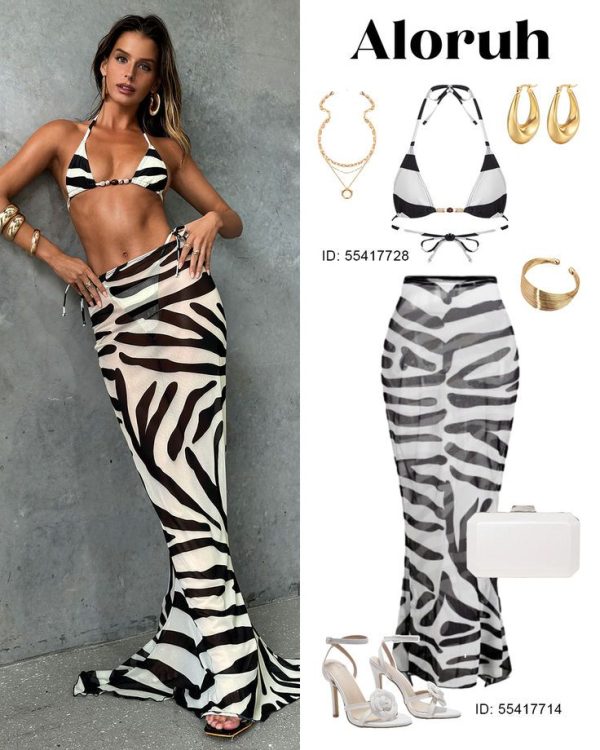 Aloruh Sexy Elegant Vintage Tropical Rainforest Zebra Print Extra Long Fishtail Skirt Cover Ups