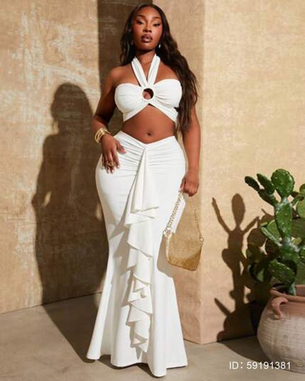 SHEIN SXY 1 Set Plus Size  Sexy Top & V-Neck Waist Ruched Ruffle Hem Mermaid Skirt