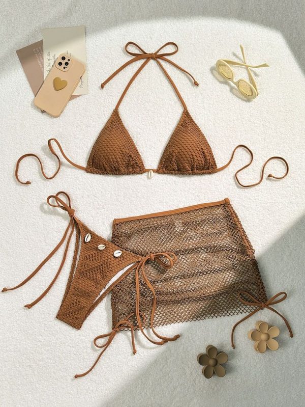 Swim Vcay Swimsuits For Woman Shell Decor Halter Bra & Swim Bottom & Cover Up Skirt Bikini Set