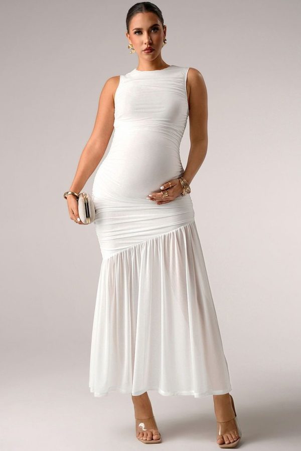 MaterniChic Maternity Solid Color Round Neck Ruffle Hem Sleeveless Dress Baby Shower Summer Outfits