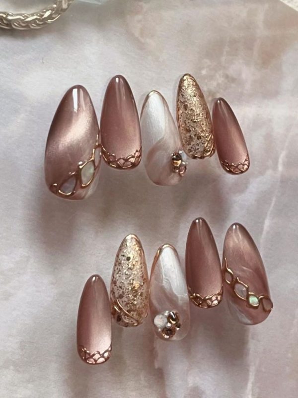 24Pcs Almond-Shaped Tie Dye Brown Rhinestone Cat Eye Glitter False Nails Set