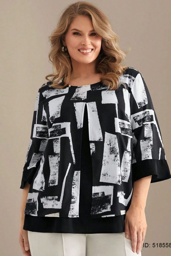 EMERY ROSE Plus Size Women's Geometric Pattern Contrast Print 2-In-1 Elegant Bell Sleeve Outfits