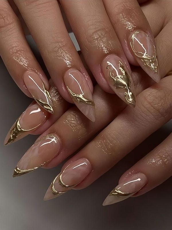 1 Set Of 24pcs Almond Shaped Press-On Nails With Minimalist Metallic 3D Design