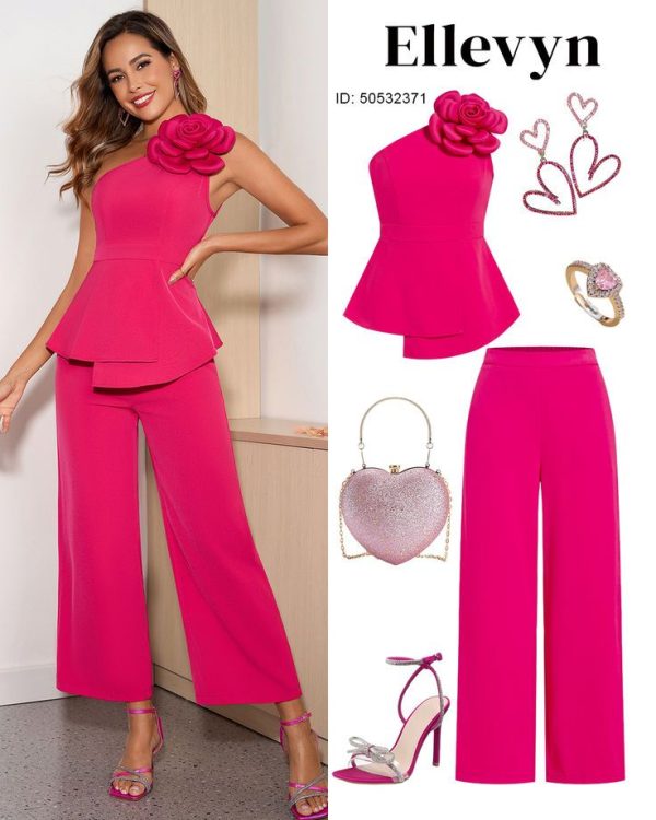 Ellevyn 2pcs Women Elegant Solid Color 3D Floral Decor Outfit Set