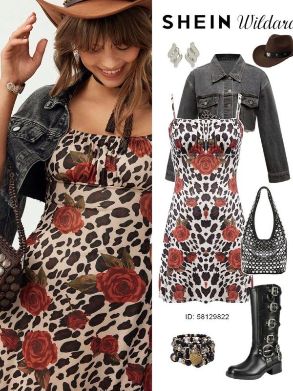 SHEIN Wildara Concert Outfit Leopard & Hibiscus Print Spaghetti Strap Casual Mini Dress