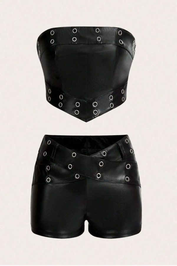 SHEIN ICON Rave Leather Strapless Crop Top Embellished Shorts Set