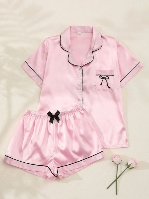 2pcs/Set Women's Bow Embroidered Satin Summer Pajama Set, Short Sleeve Button-Down Shirt And Shorts, Casual Loungewear For Summer.