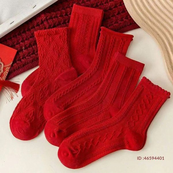 5 Pairs Women's Comfortable Soft Argyle Stripe Cuff Red Holiday Socks, Suitable For Gifts