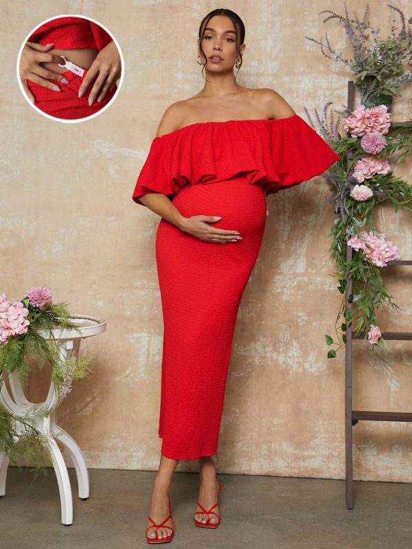 MaterniChic 2pcs/Set Pregnancy Off Shoulder Top And Adjustable Waist Bodycon Skirt, Summer Outfit