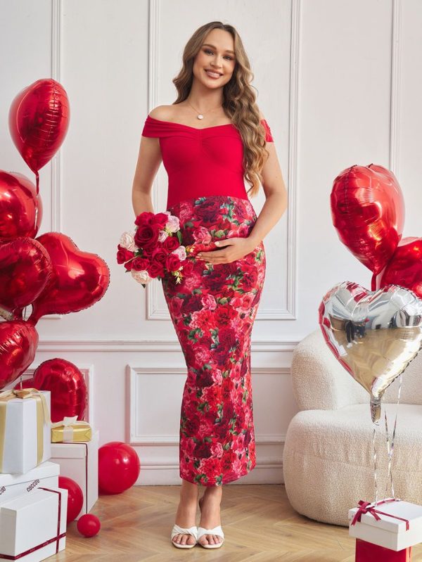 Long Knitted Rose Flower Maternity Skirt