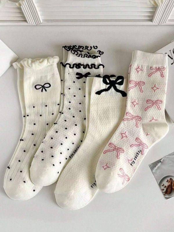 4 Pairs Random Delivery Bowknot Socks For Girls, Mid-Calf Thin Sweat-Absorbent Long Socks