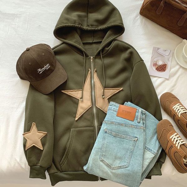 Drop Shoulder Drawstring Zipper Hoodie