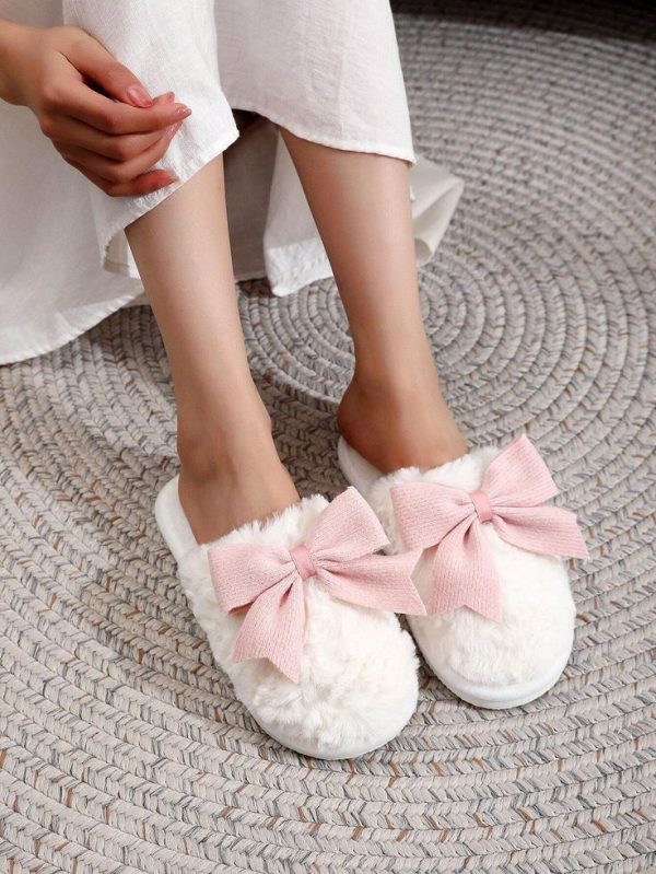 Plush Bow Tie Slippers For Women