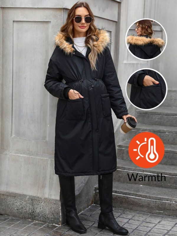 Patch Pocket Fluffy Hooded Long Coat
