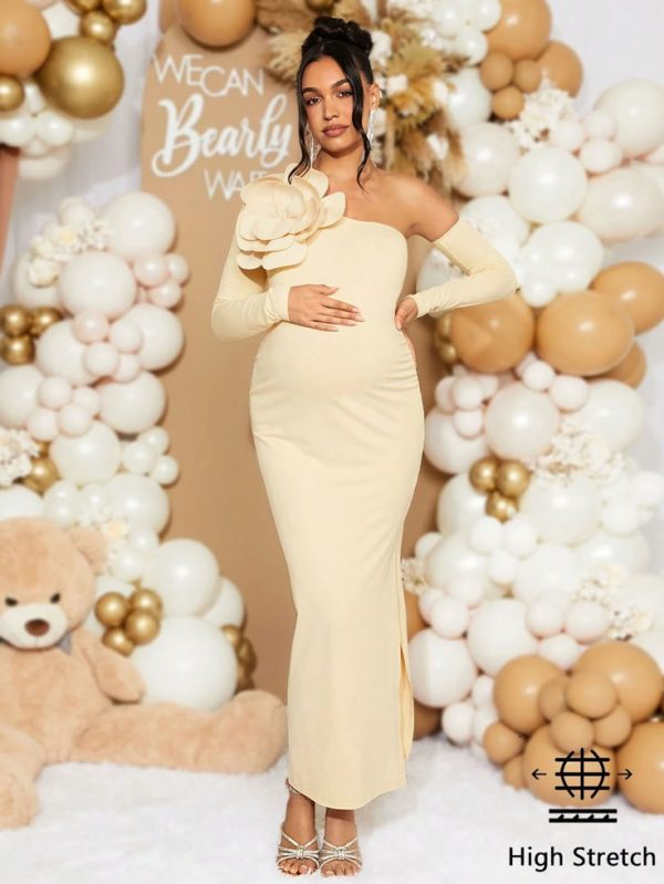 SHEIN Loomaby Elegant Maternity Solid Color Asymmetrical Neckline 3D Floral Decor  Dress