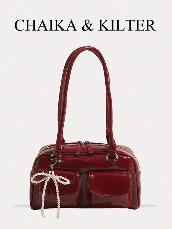1pc Glossy Solid Color PU Shoulder Bag For Women, Multi-Pocket Large Capacity Bowling Bag