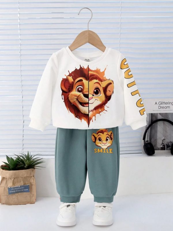 SHEIN 2pcs/Set Baby Boys/Girls Casual Cute Lion Print White Crewneck Sweatshirt And Green Sweatpants
