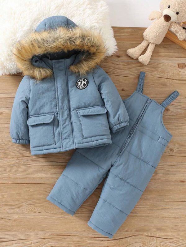 SHEIN 2pcs Set Baby Boy/Girl Thick Fleece Hooded Jacket With Bib Pants Warm Outfit