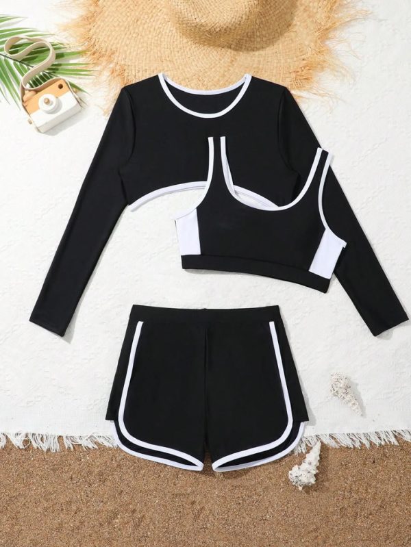 3pcs/Set Tween Girl Long Sleeve Tankini Swimsuit