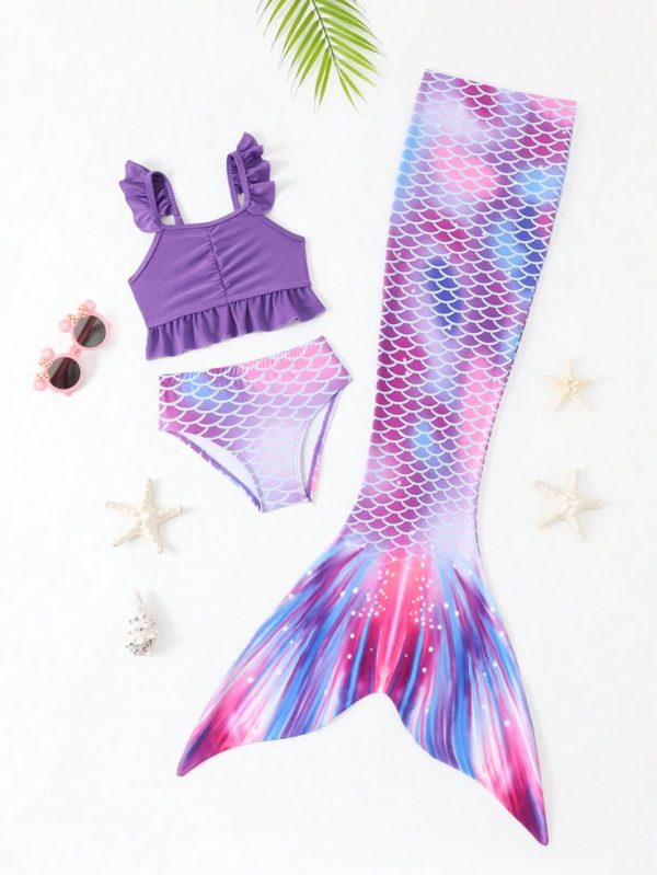 Young Girl Summer Beach Vacation Fish Scales Print Mermaid Swimsuit Two-Piece Set