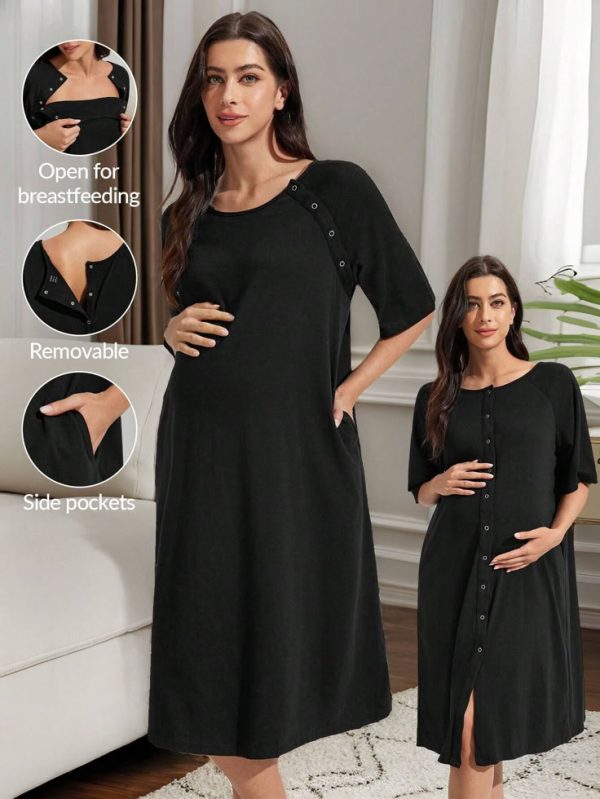 SHEIN MaterniWear Maternity Comfortable Nursing Button Front Loose Dress Pregnancy Dress
