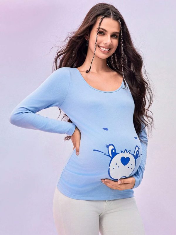 SHEIN X Care Bears Maternity Cute Bear Print Fitted Blue T-Shirt
