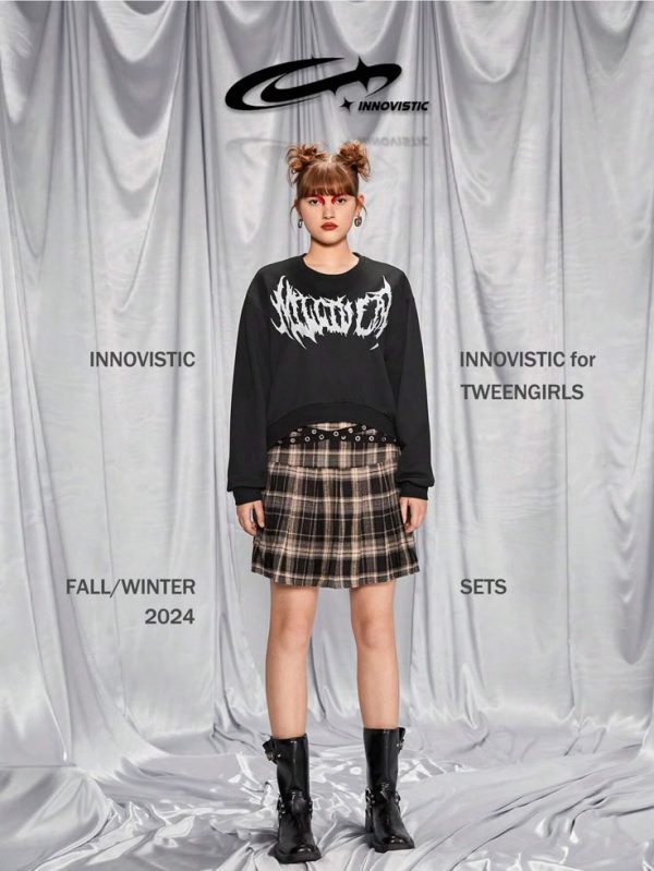 SHEIN 2pcs/Set Teen Girls Outfit: Loose Fit Crew Neck Sweatshirt Top