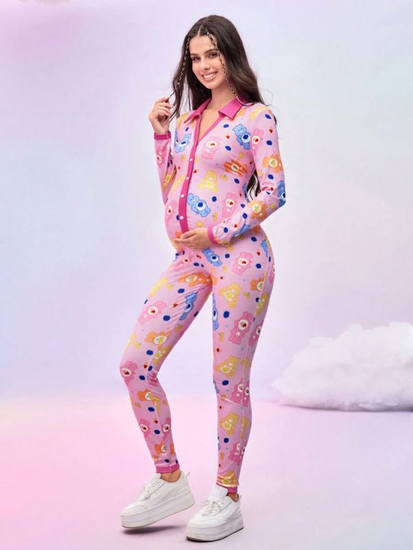 SHEIN X Care Bears Maternity Bear Print Collared Button Slim Fit Jumpsuit