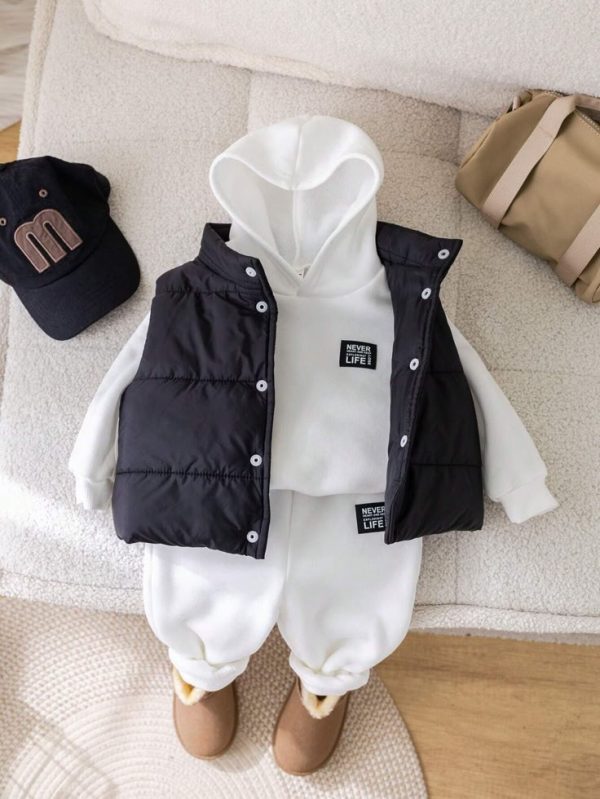 SHEIN 3pcs Baby Boy Casual Warm Clothing Set, Black Vest, White Hoodie & Pants