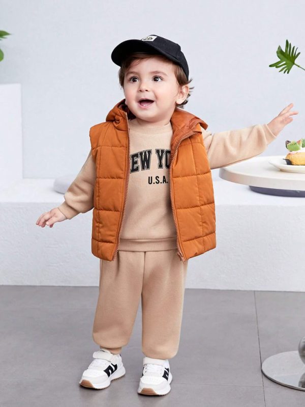 SHEIN 3pcs/Set Baby Boy/Girl Warm Solid Color Fleece Vest, Hoodie Sweatshirt, Long Pants Set