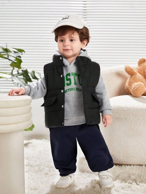 SHEIN 3pcs/Set Baby Boy/Girl Warm Fleece Lined Vest, Hoodie Sweatshirt And Pants Set