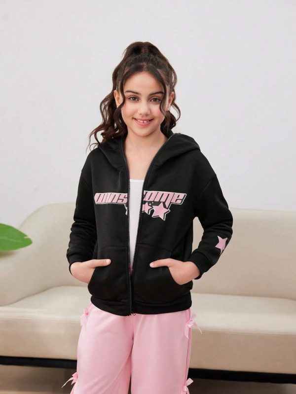 Tween Girls' Casual Sports Color Block Star Print Hoodie Sweatshirt Jacket