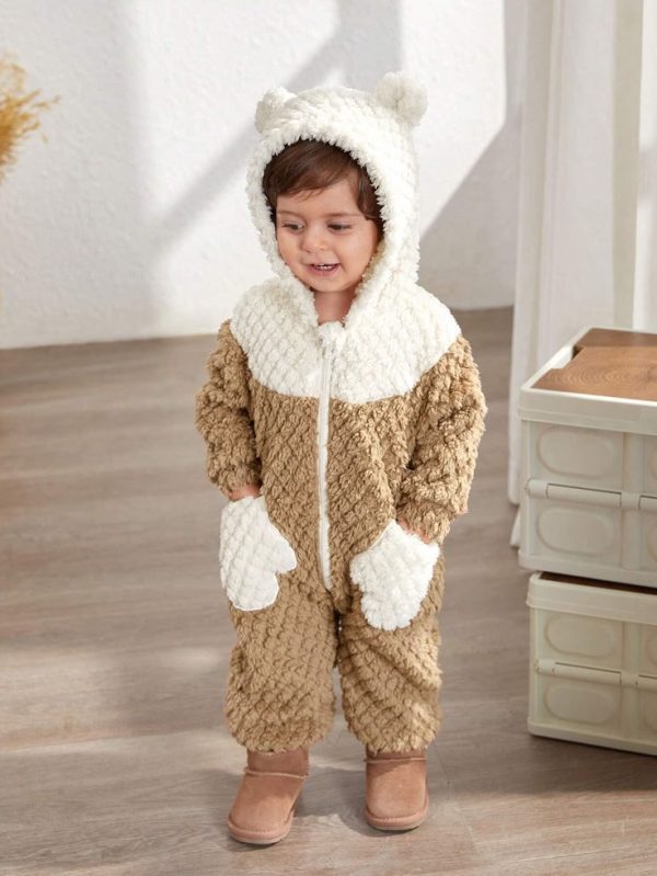 SHEIN Newborn Baby Boy/Girl Cute Fuzzy Contrast Color Hoodie Romper, Winter