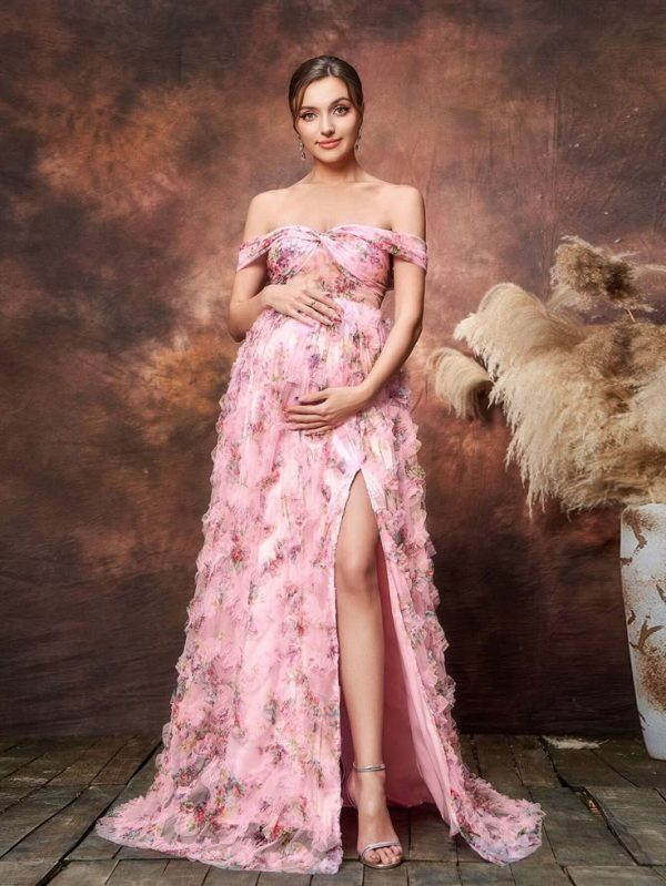 Maternity Floral Printed Mesh Off Shoulder Formal Prom Dress