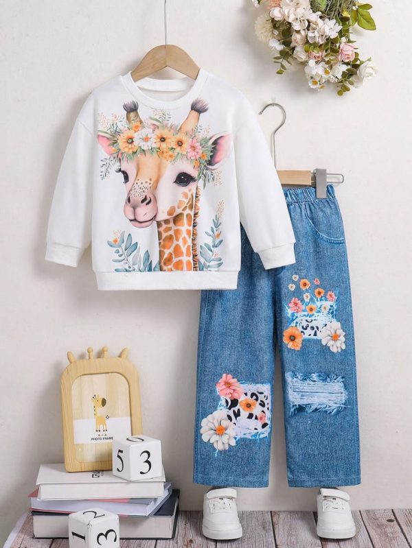 Girls' Cute Giraffe Print Long Sleeve Top & Floral Denim Printed Pants 2pcs Outfit, Autumn/Winter