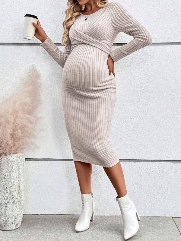 SHEIN Maternity Twist Knot Slim Fit Solid Color Bodycon Dress, Spring & Autumn