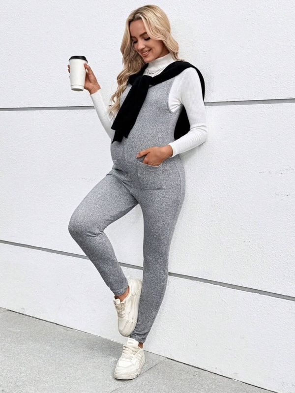 SHEIN Maternity Casual Solid Color V-Neck Sleeveless Jumpsuit With Dual Pockets