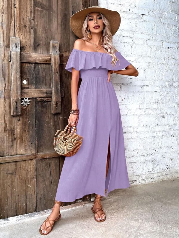 SHEIN VCAY Solid Color Off-Shoulder Pleated Ruffle Trim Slit Midi Dress, Summer