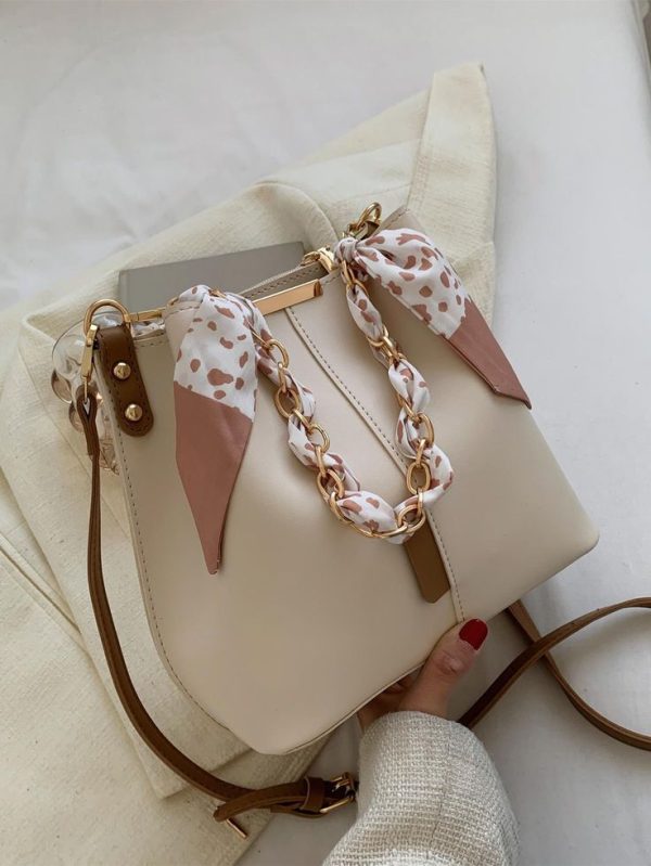Skinny Scarf & Chain Decor Bucket Bag Elegant,Trendy Business Casual Bag For Women